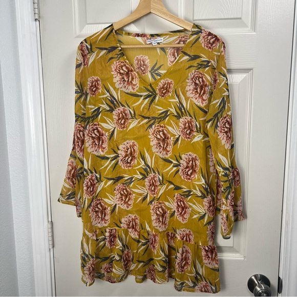 Crosstree Lane Mustard Floral Print Sheer Tunic Blouse Women’s Medium - Picture 9 of 13